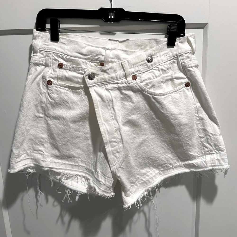 R13 white crossover denim shorts size 28